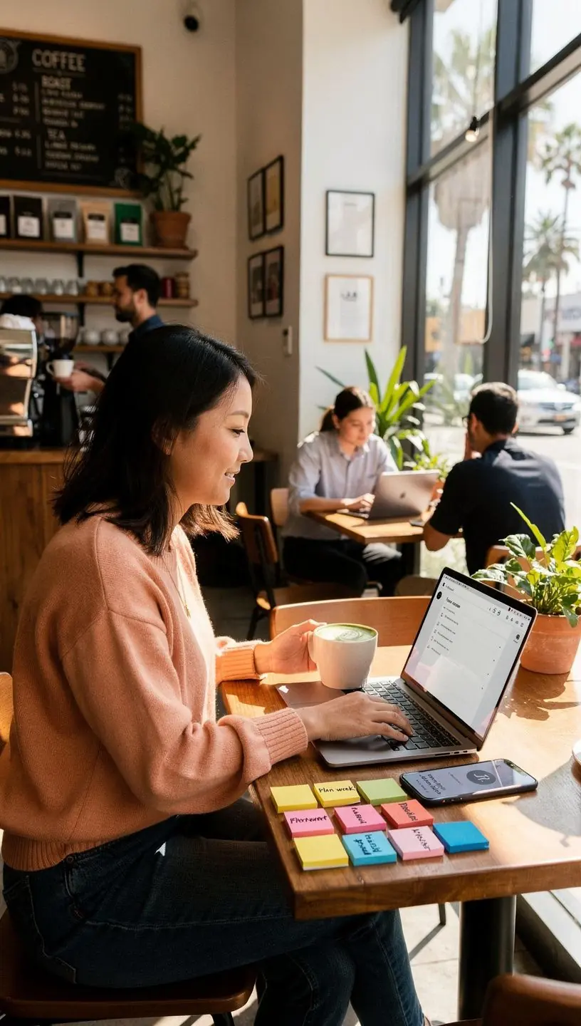 Notebook with handwritten notes and flowcharts outlining productivity strategies and goals.