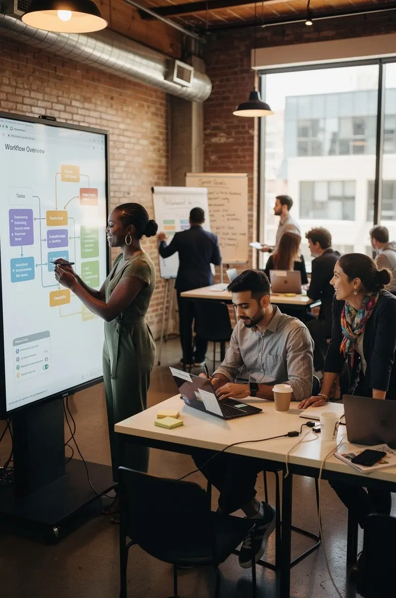 Modern office desk setup featuring dual monitors displaying task management and workflow analytics.