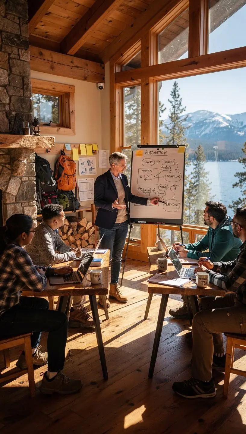 Diagram showing a streamlined workflow process with arrows and task automation icons.